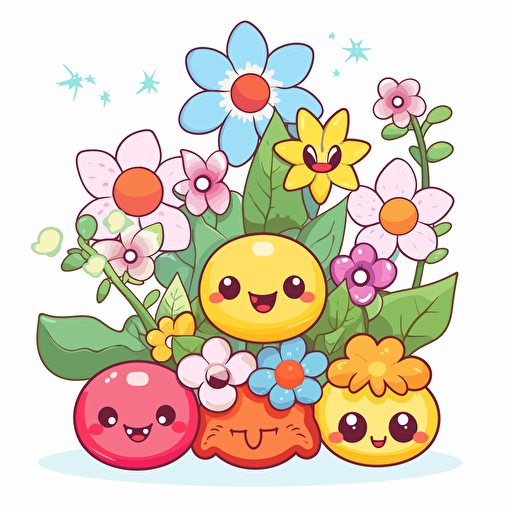kawaii with flowers, detailed, cartoon style, 2d clipart vector, creative and imaginative, hd, white background