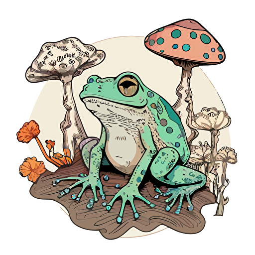cute frog with toad stools, Sticker, Ecstatic, Muted Color, outsider art style, Contour, Vector, White Background, Detailed
