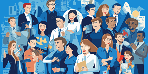 men and women, workplace, vector, flat, happy, corporate, office, collage, colorful, blue colors,Russia comic style