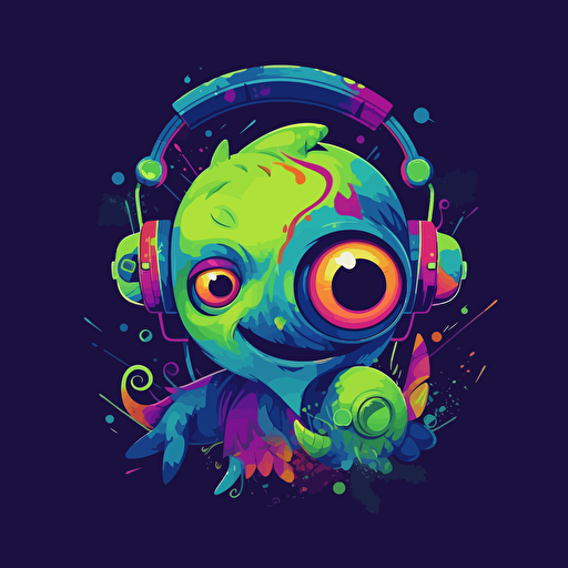 a little headphones creature from another universe, illustration, logo design, vector, triadic colours, simple