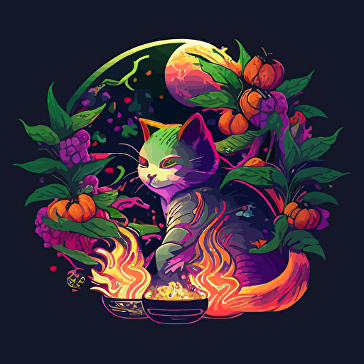 cat japanese style with fire flames gold coins fruits hi-tech vector detailed high definition purple green red white