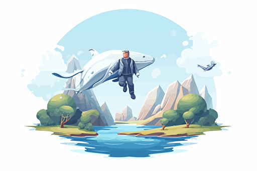 vector. fantastical humanoid man with whale clothing, skydiving in a beautiful landscape. with no text, closed shape. white background