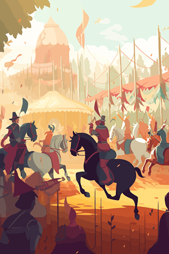 renaissance festival jousting match, cartoon, vector illustration, audience in the background, colorful