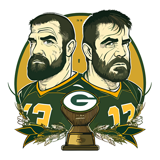 two brothers, Brozen Tundra, Lambeau Field, Green Bay Packers, looking tough,trophy, wearing green and yellow, wearing an oblong brown football, sports logo style, white background, vector