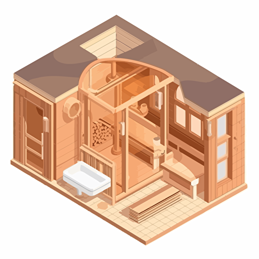 isometric finnish sauna, steam room, cutaway, vector, clear image, high quality,