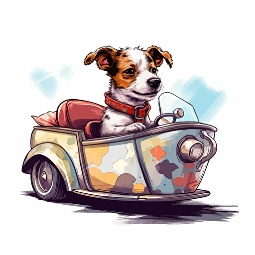 small jack russel drink coffe and then he ride fast on his cabriolet, comics story, colorfull sketch, vector illustration