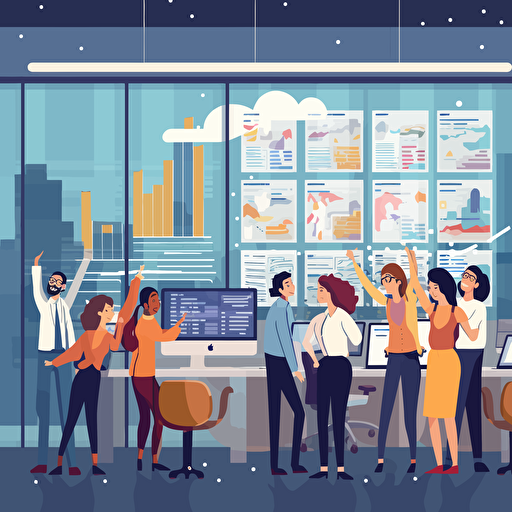 A modern office scene where employees celebrate increased web traffic, rising charts projected on a wall, employees exchanging smiles and congratulations, a positive and friendly atmosphere, Illustration, vector style,
