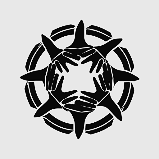 flat vector logo black outline, 6 hands joined in a circle, symbolizing community togetherness.