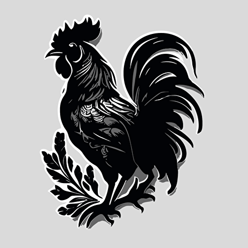 rooster Sticker, Enthusiastic, Dark, Minimal, Contour, Vector, White Background, Detailed