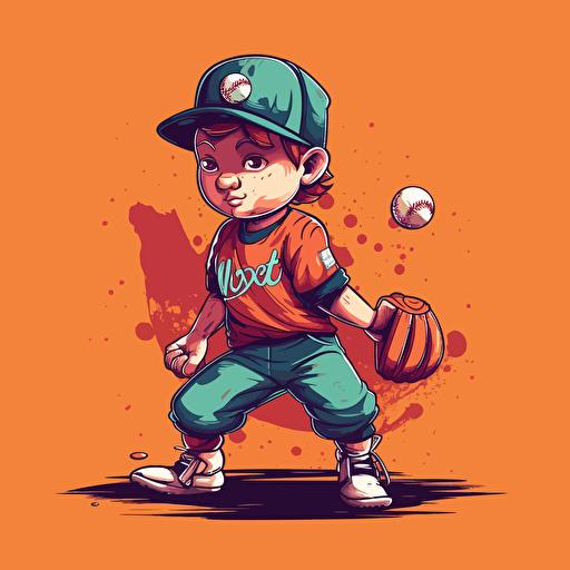 Vector illustration of a little boy baseball player hitting a baseball in vivid colors