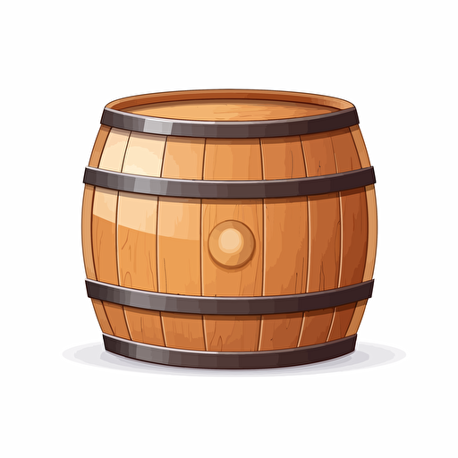 wooden barrel, simple forms, flatart, 2D vector style, cartoon, white background, side view
