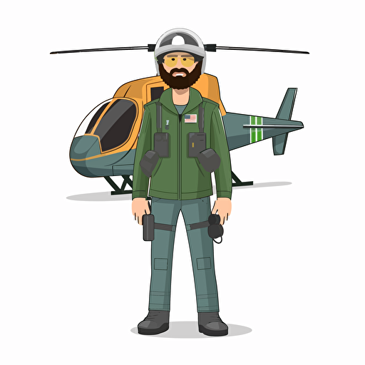 wearing sunglases. man with beard in a helicopter uniform and wearing a helmet standing in front of a green helicopter. vector. white background. no background