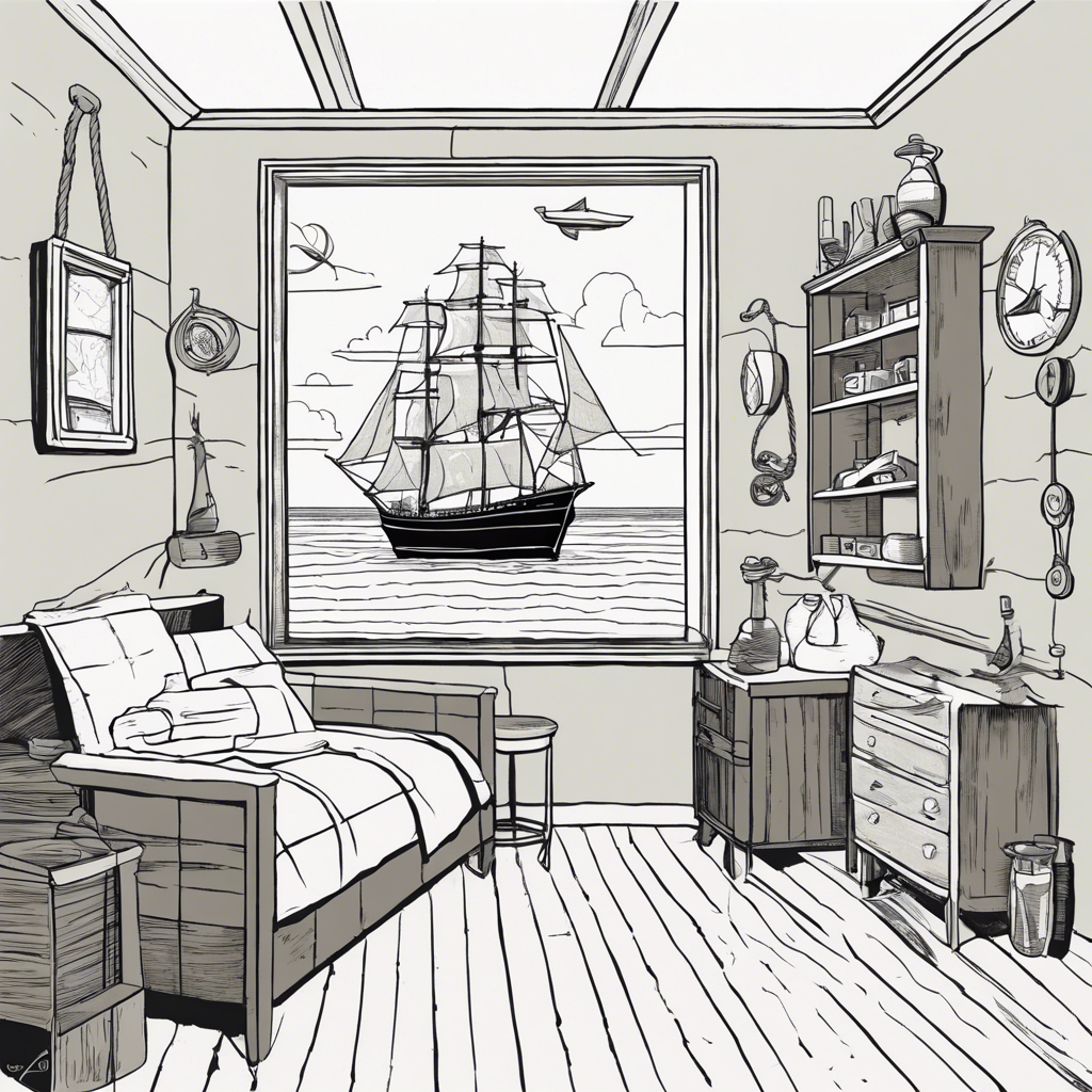 Sailor themed room with nautical maps, ropes, and a ship in a bottle, illustration in the style of Matt Blease, illustration, flat, simple, vector