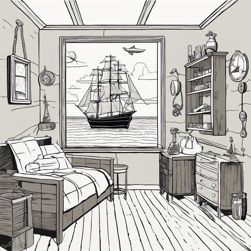 Sailor themed room with nautical maps, ropes, and a ship in a bottle