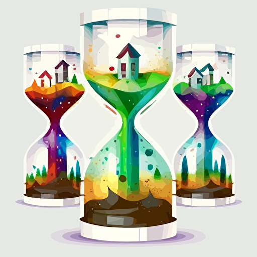 five transparent exploding hourglasses with a small town inside. Nature is represented. Vector styling. Very colored. White background