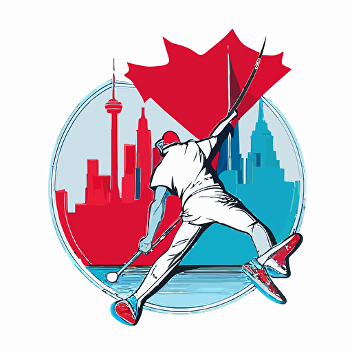 a flat vector logo of of a golfer swinging with his legs together, there is the CN Tower and Niagara Falls in the background, blue and red colors, no text
