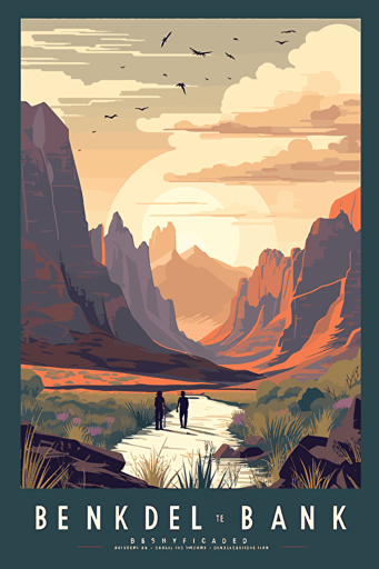 Big Bend National Park Travel Poster, 29.25°N 103.25°W, artstation clear and sharp, daybreak, flat, vector,