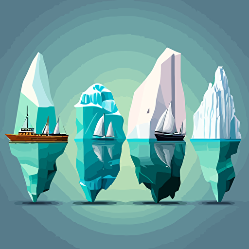 four icebergs in a row of different sizes followed by boat at the right end, in the ocean, vector image