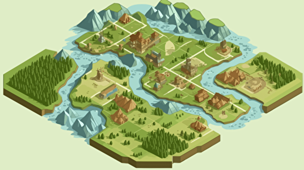 Isometric clean SVG vector art:: map with river crulling in the middle, combination of catan and age of empires, ready to print