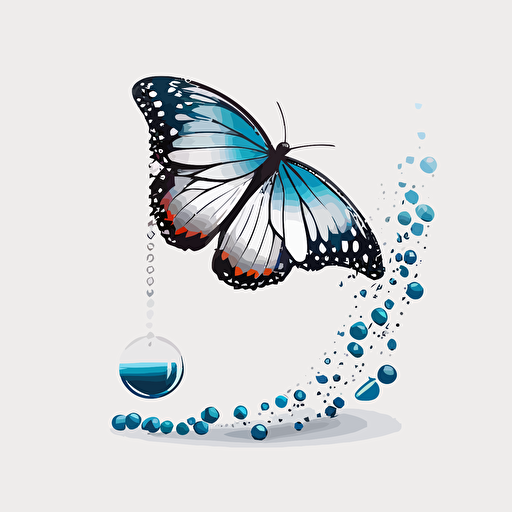 side profile of a butterfly landing on a bead necklace. simplistic art, vector style, white background. colors white, silver, blue and light blue