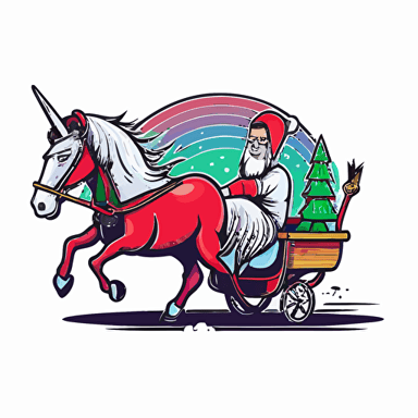 unicorn pulling santas sled, bad part of town, vector logo, vector art, emblem, simple cartoon, 2d, no text, white background