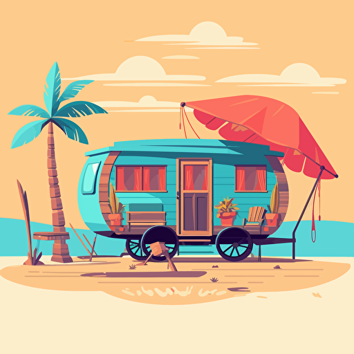 simple flat vector illustration of a caravan with a wooden porch with a swing on the beach