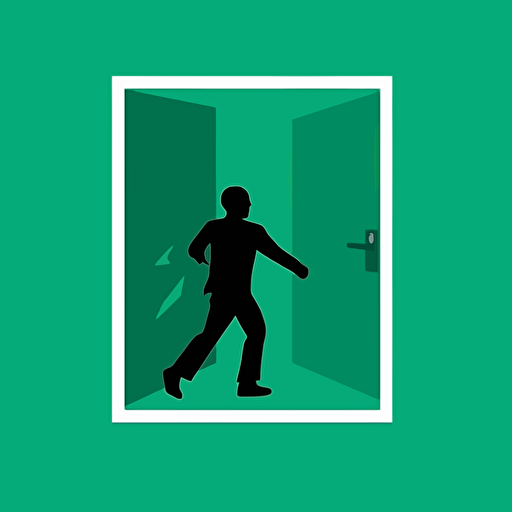 emergency exit sign in the square, 2D, the style of simplistic vector art, careful framing, energetic movement, dynamic pose, green academia, emerald