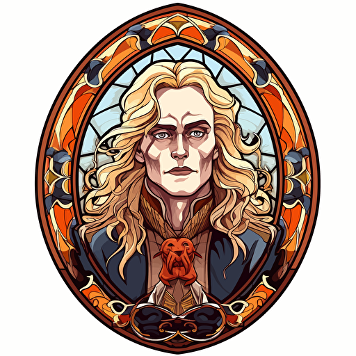 sticker, Lestat de Lioncourt showing his vampire fangs, Interview with the Vampire in Abigail Larson style, arced cathredal window frame, full color, contour, vector, white background