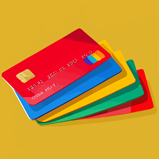 row of brightly coloured credit cards lying on a red surface, clean minimalist vector