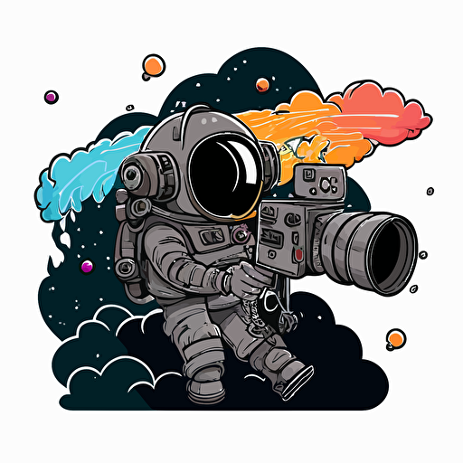 an astronaut cartoon with a black magic video camera, lighting, vector image, 3 colors, wings, clouds,Y2K Design, rain,Shockwave,logostron