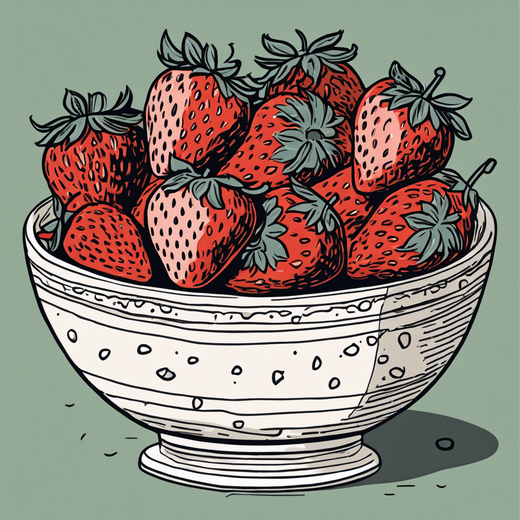 Ripe strawberries in a ceramic bowl., illustration in the style of Matt Blease, illustration, flat, simple, vector