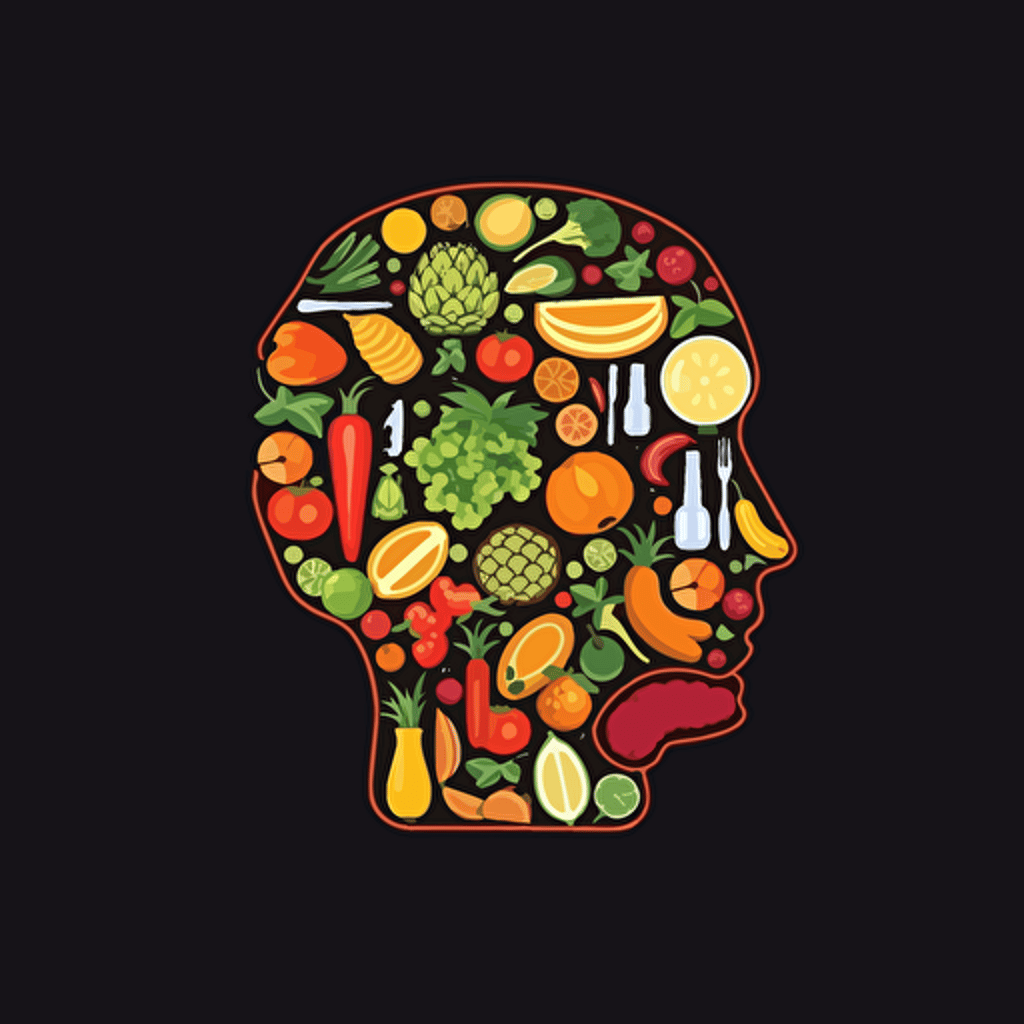 Retro iconic logo of a mind full of healthy food, white vector, on black backgroung