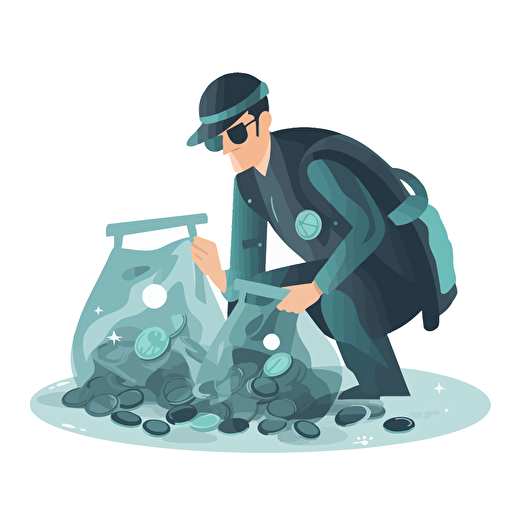 a vector image of a burgler who is carrrying a translucent bag of coins. The coins have copyright symbol minted on it