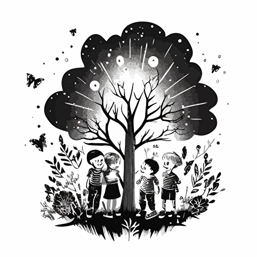 Black and white vector illustration of three little boys and one little girl laughing around a magical tree