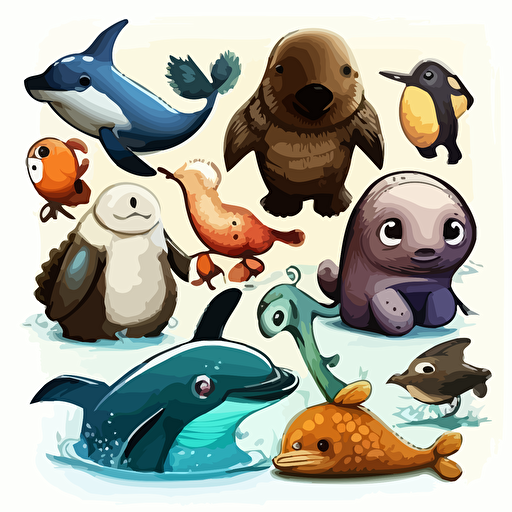 acuatic child animals, cartoon, vector, high detail