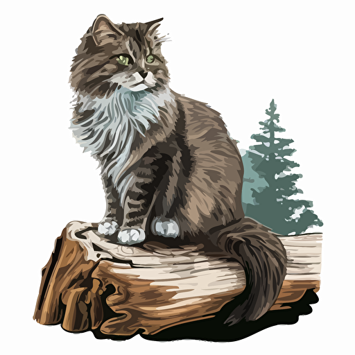 norwegian forest cat sitting on a log illustartion svg vector style