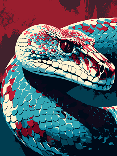 vector art of a diamondback rattlesnake, red, white and turquoise lighting, 300 dpi,