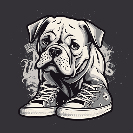 vector logo of American Bulldog wearing sneakers. Black, white, and grayscale.