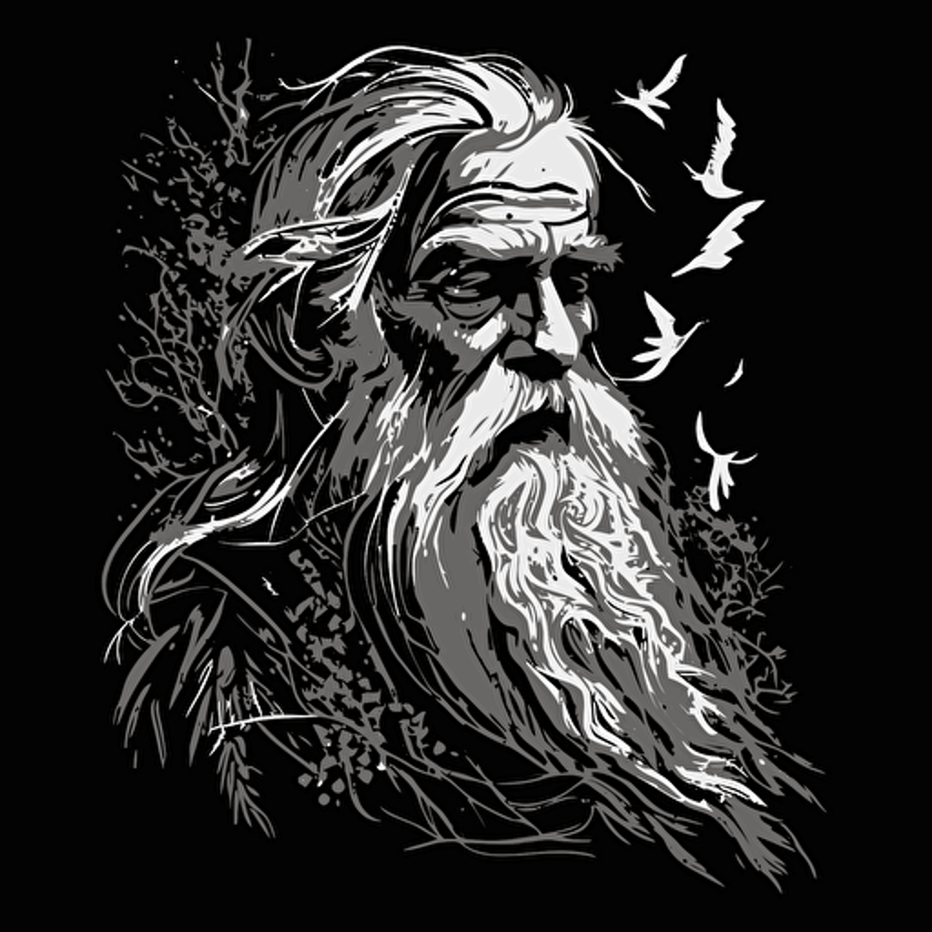 Black and white vector image of old wizard, Happy mood, vector illustration