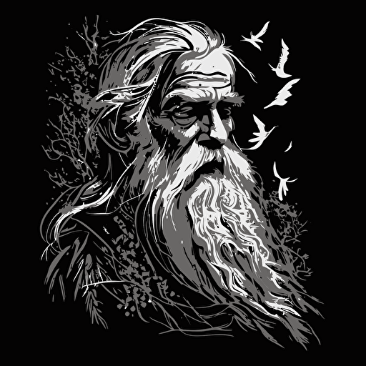 black and white vector image of old wizard. Happy mood.