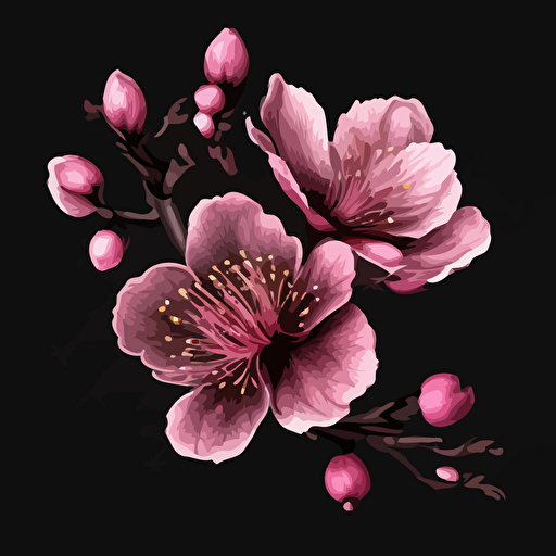 A painted prunus persice flower in dark pink, no background, vector, background has shade #1B110B