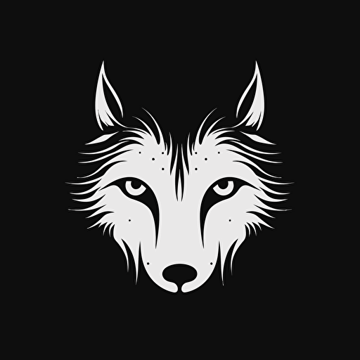 Eyes Closed Wolf, Banksy style, black background, large closed shapes, fantasy roboter, white space to fill, abstract, artistic, pen outline, white background, very simple, full field of view, centre, minimalistic logo vector art , simple flat vector logo