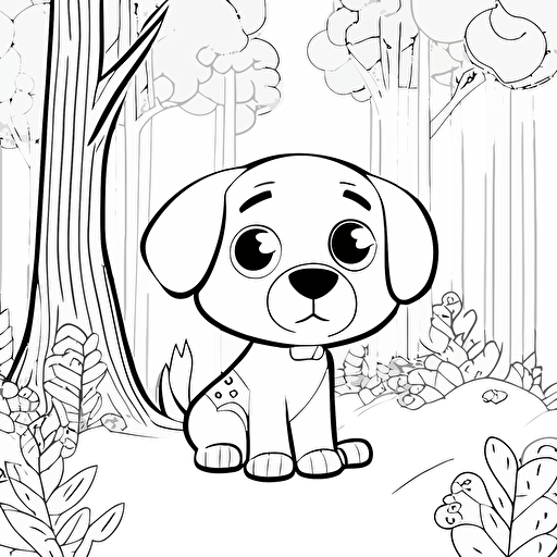 kids coloring page, cute dog in forest, big cute eyes, pixar style, simple outline and shapes, coloring page black and white comic book flat vector, white background