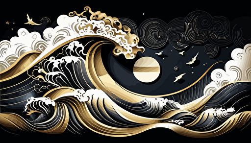 Ocean wave and cloud , Vector, Cool color pallette | Gold | white | black, Style of Thai traditional art.