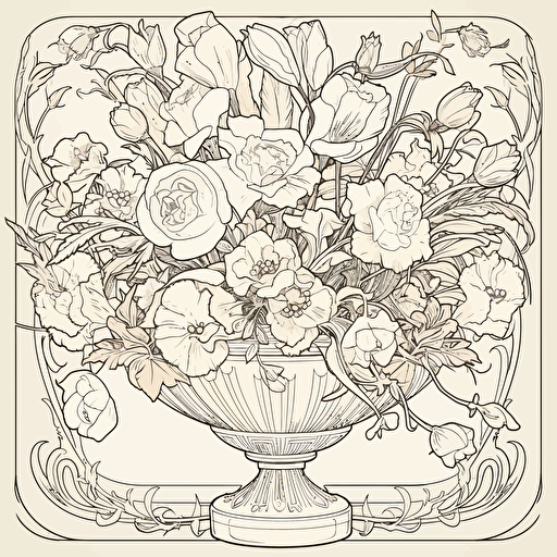 line illustration, vector art, coloring page of a bouquet of tulips and roses in a 19th century vase by Alfons Mucha, art nouveau style