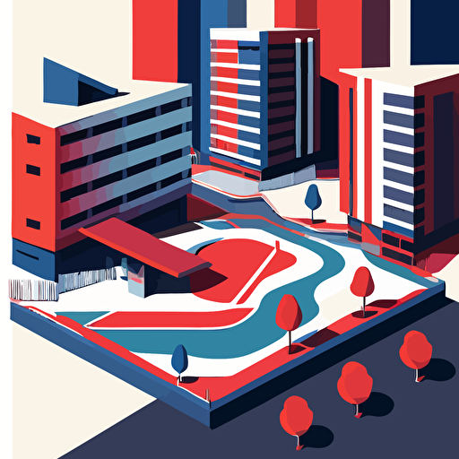 shallow flat vector illustration of a skatepark in Tokio, Tokio buildings at background, white background, dark blue and red colors