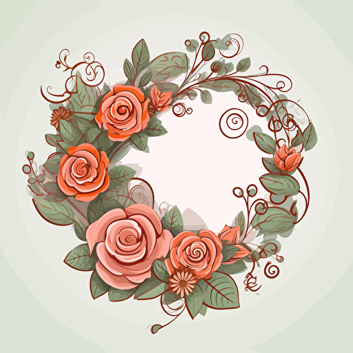 roses, surrounded by leaf motifs, in a circluar shape, vector design on the edges of the image