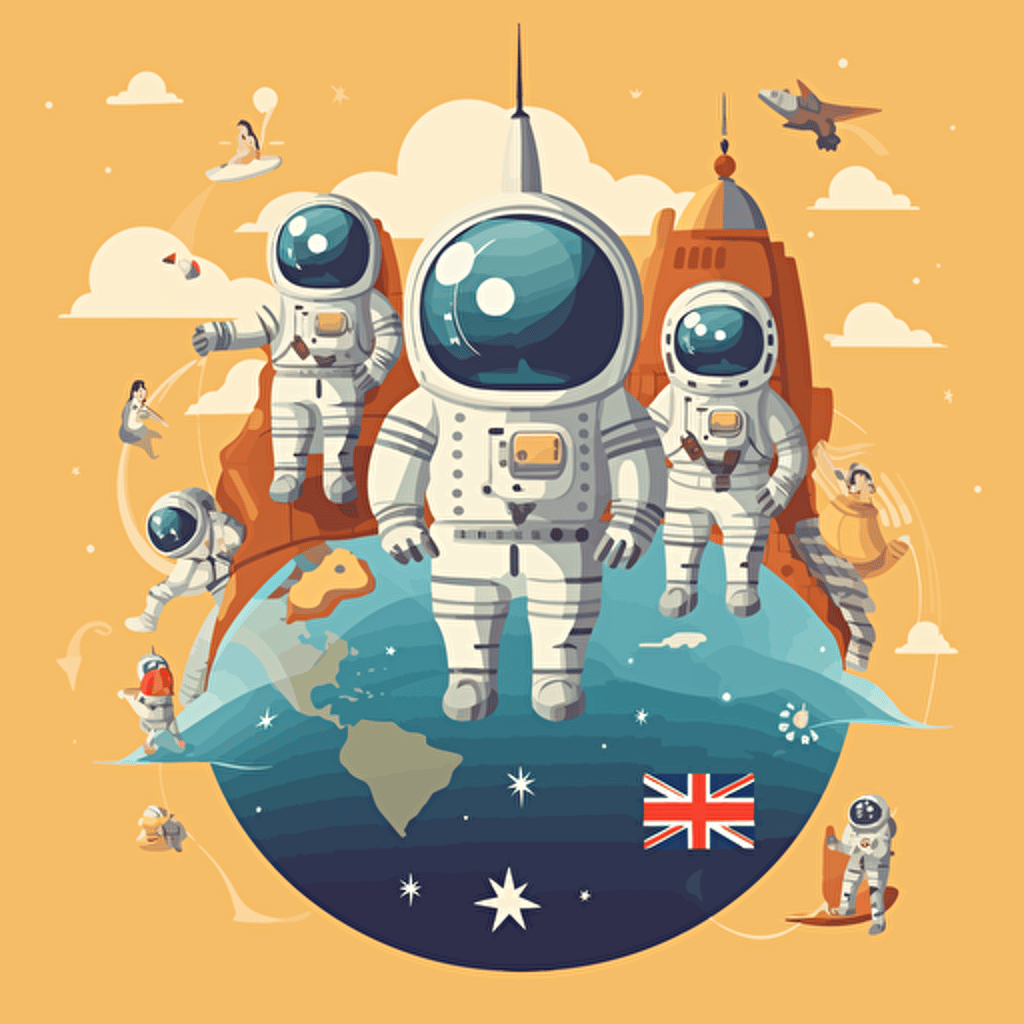 australians in space design, funny, 2d, vector, white background