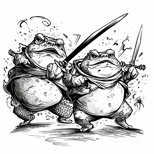 vector illustration poster of two fat toads sword fighting in neo expressionism art style, black and white only