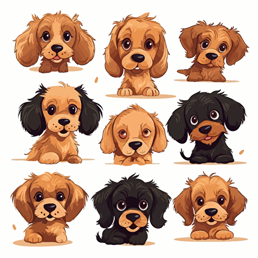 small set of several puppies dogs vector illustration clipart , in the style of 32k uhd, eye-catching, lively facial expressions, comic strip art, petcore, tondo, poodlepunk